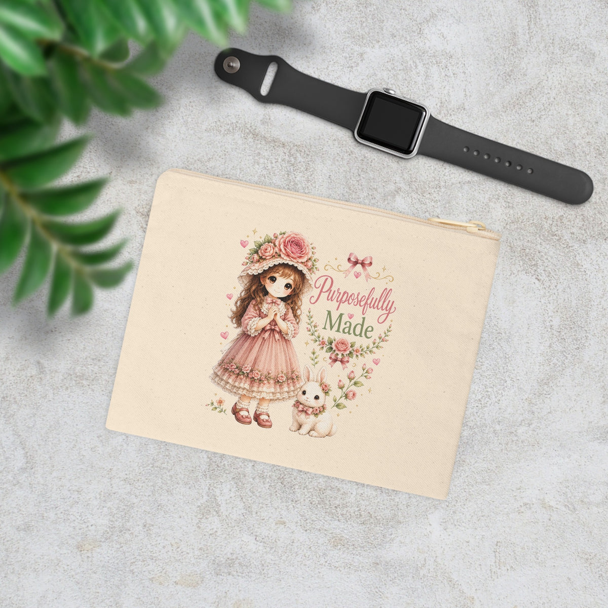 Purposefully Made Christian canvas pouch with girl, bunny, pink flowers and bows