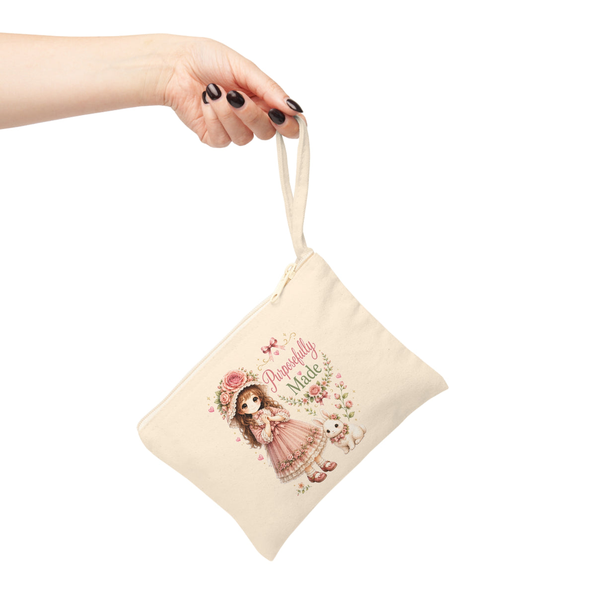 Purposefully Made Christian canvas wristlet pouch hanging from hand