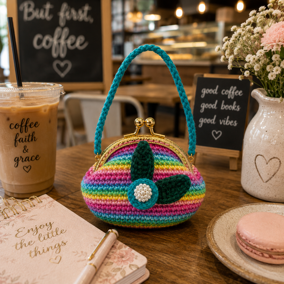 Rainbow crochet floral coin purse in a cozy cafe setting