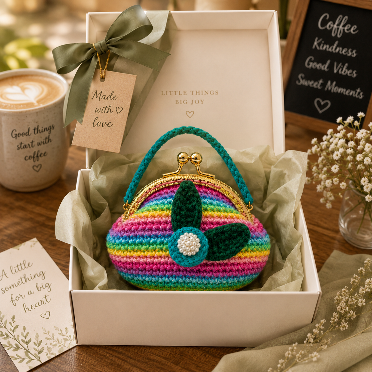 Rainbow crochet floral coin purse handmade gift presentation