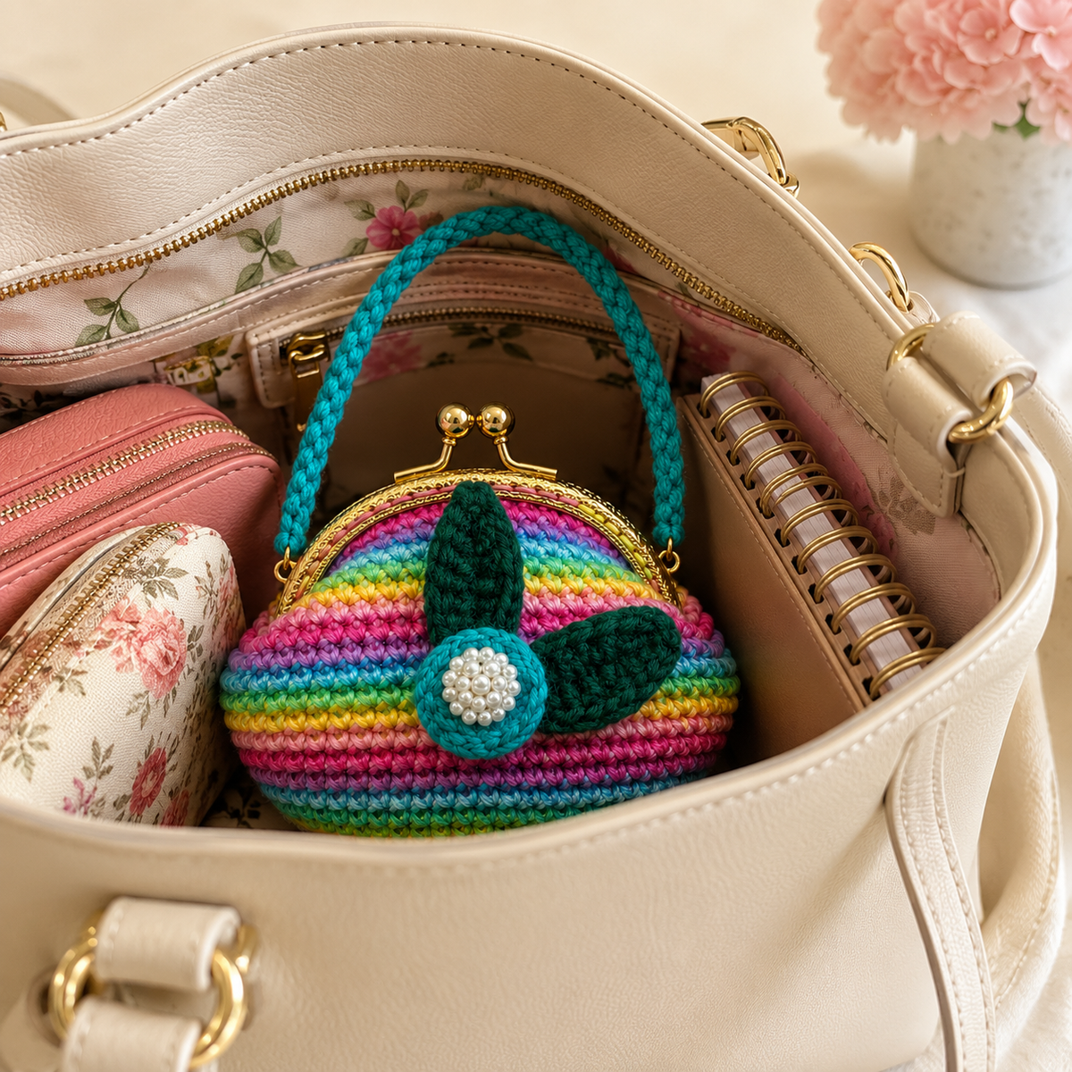Rainbow crochet floral coin purse inside a cream handbag