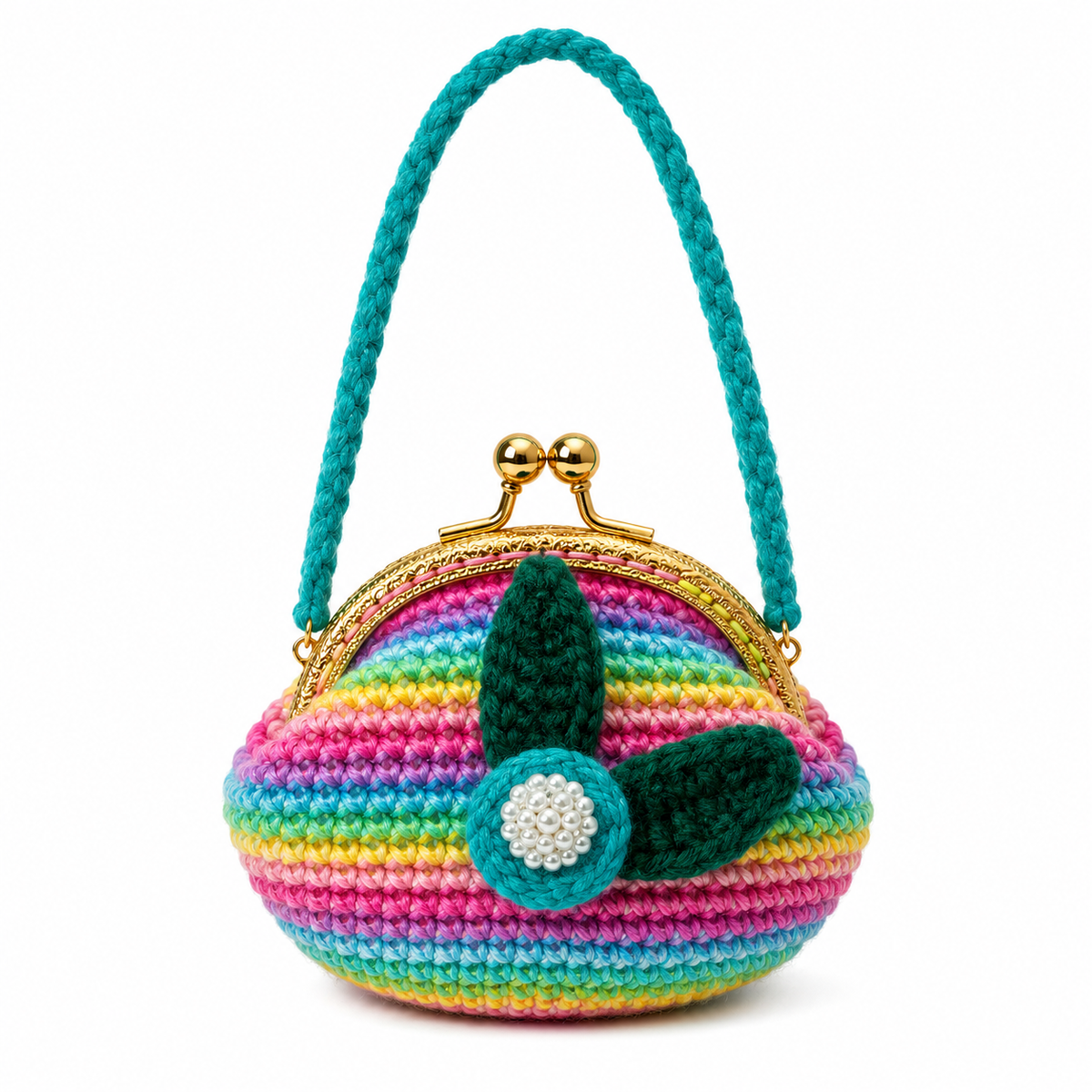 Handmade rainbow crochet floral coin purse with gold kiss-lock clasp and teal carrying handle