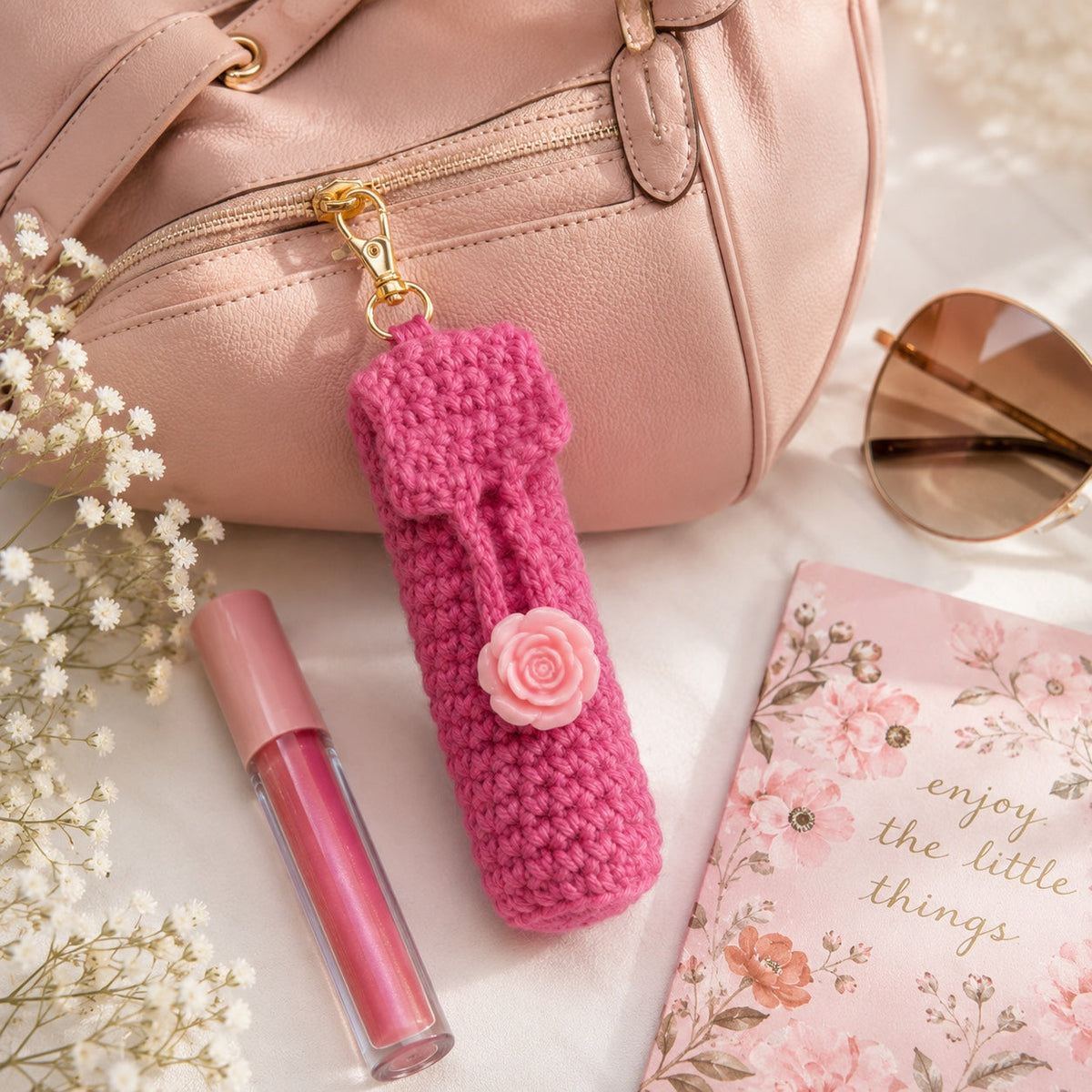 Rose Pink handmade crochet lip gloss holder keychain lifestyle mockup