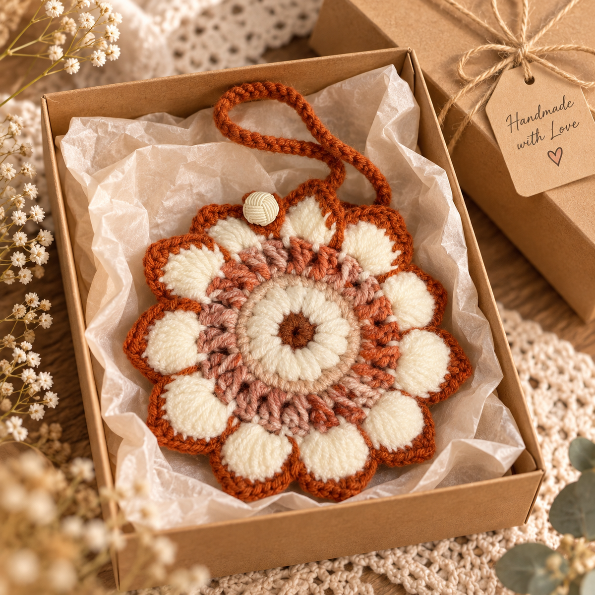 Rust and cream flower crochet pouch presented in a gift box