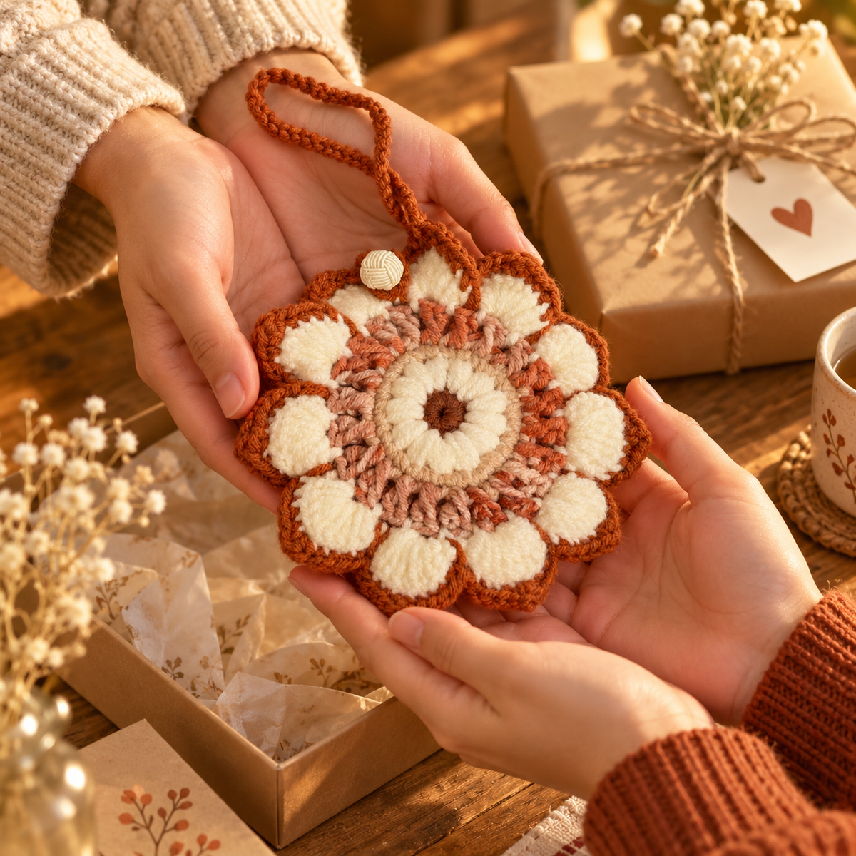 Rust and cream flower crochet pouch being handed as a gift