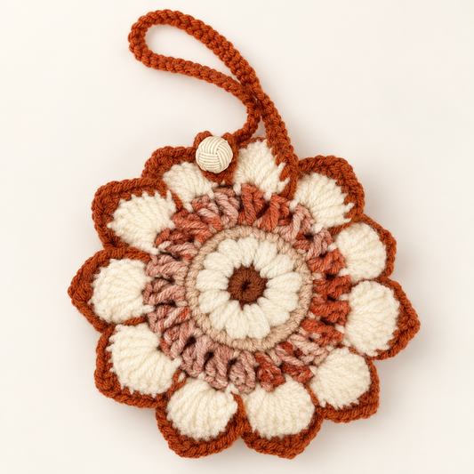 Handmade rust and cream flower crochet pouch with button closure