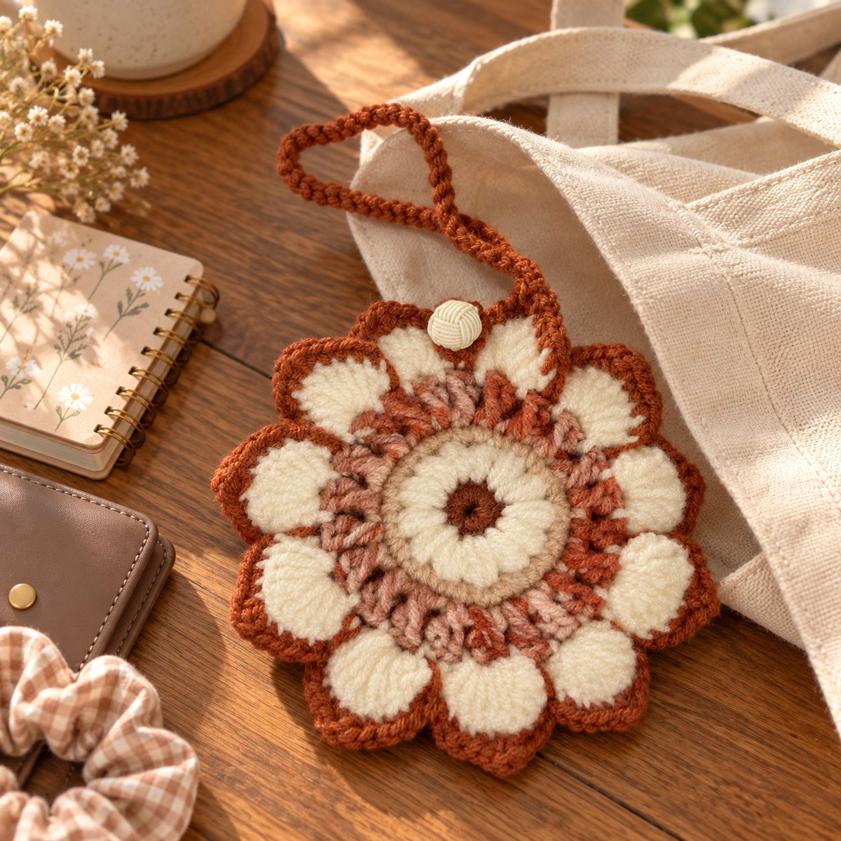 Rust and cream flower crochet pouch beside a canvas tote bag