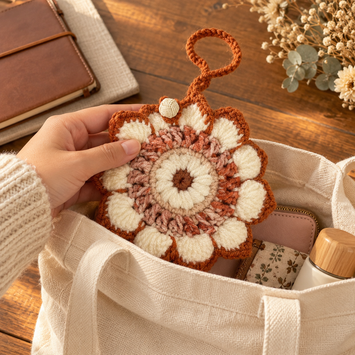 Rust and cream flower crochet pouch being placed into a canvas tote bag