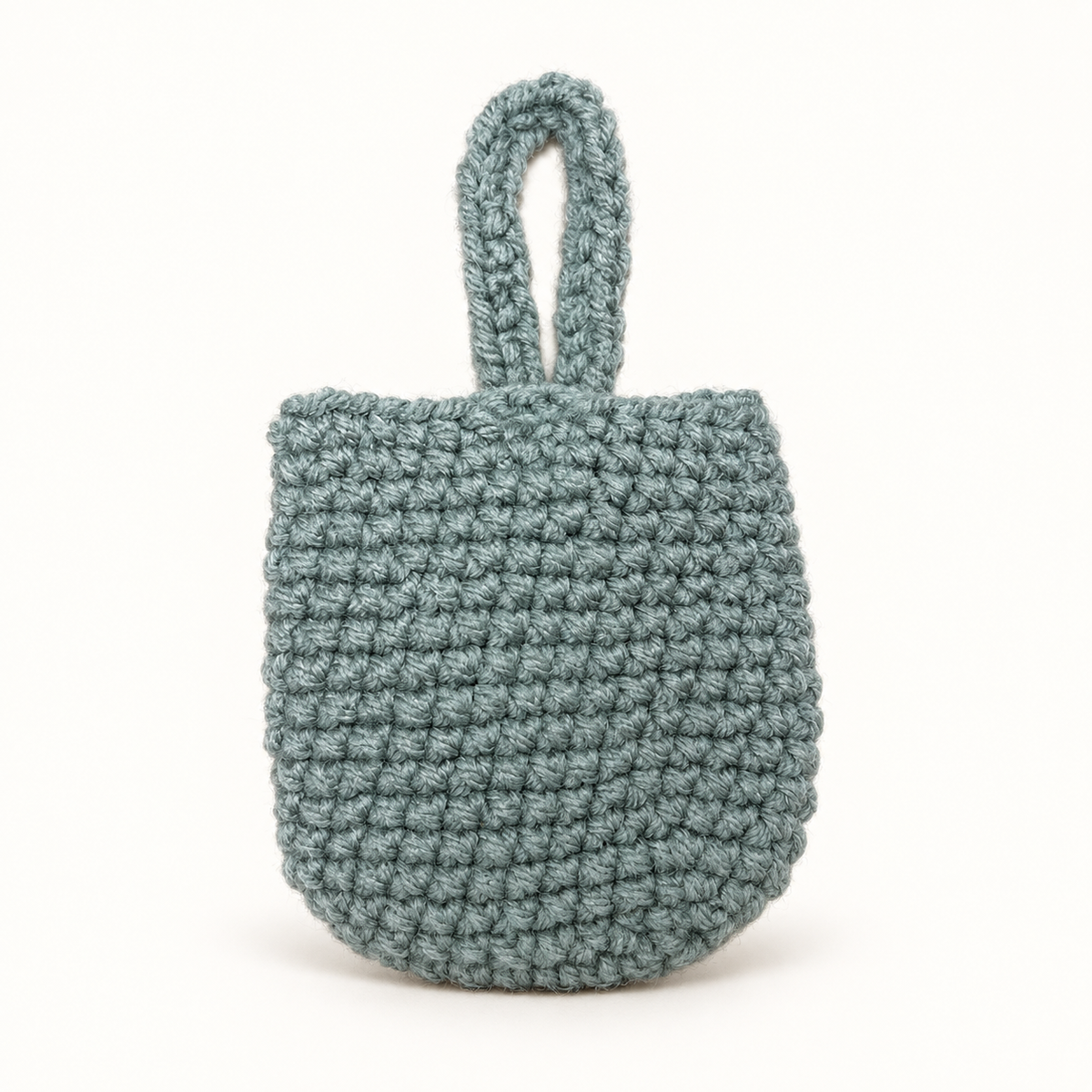 Handmade sage crochet mini wristlet pouch back view