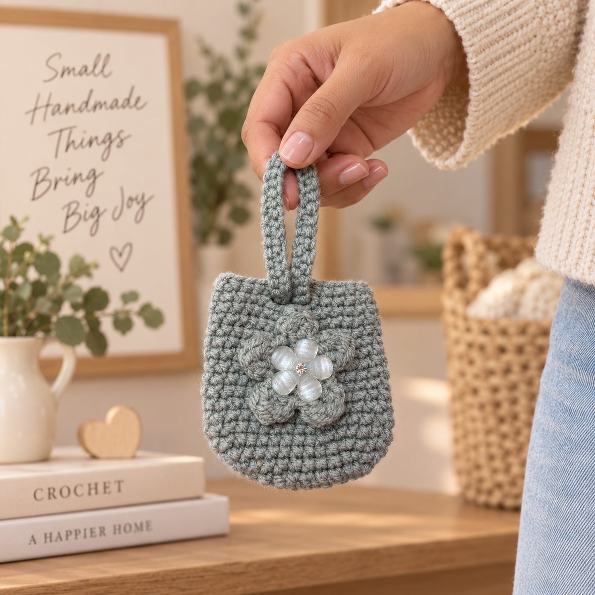 Handmade sage crochet mini wristlet pouch carried by its crocheted loop