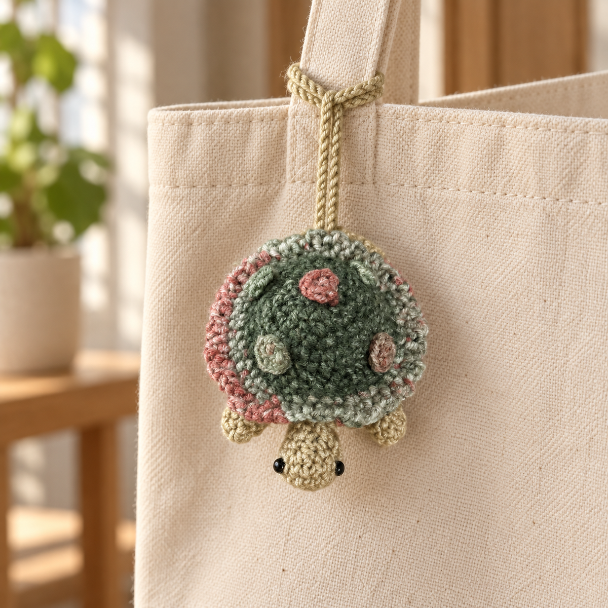 Sage crochet turtle pocket mirror charm attached to a neutral canvas tote by its crocheted cord