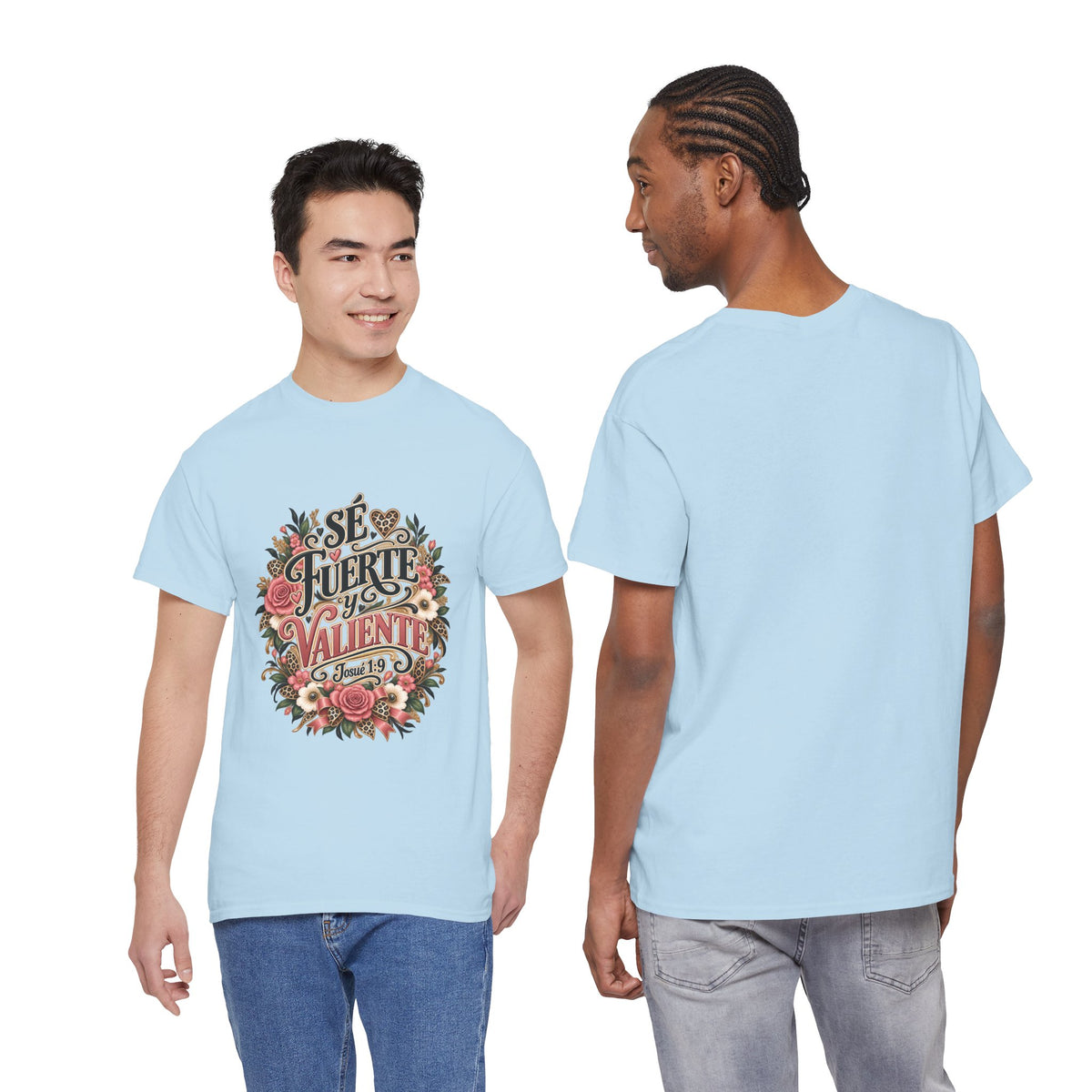 Two models wearing Sé Fuerte y Valiente Josué 1:9 Christian T-shirts in light blue