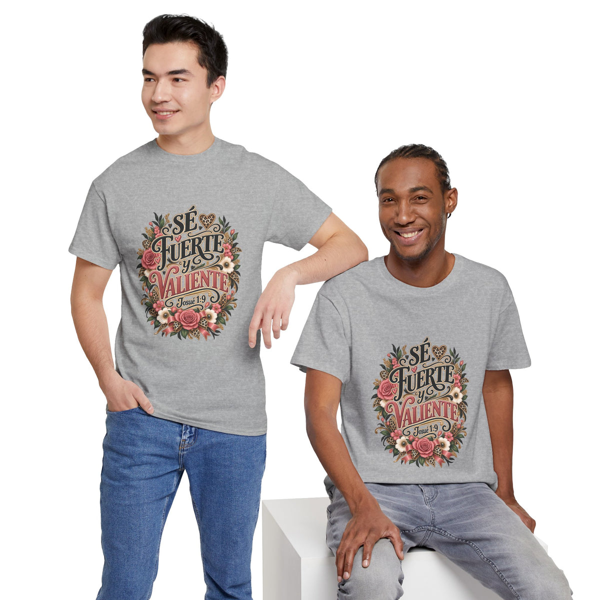 Two models wearing Sé Fuerte y Valiente Josué 1:9 Christian T-shirts in sport gray