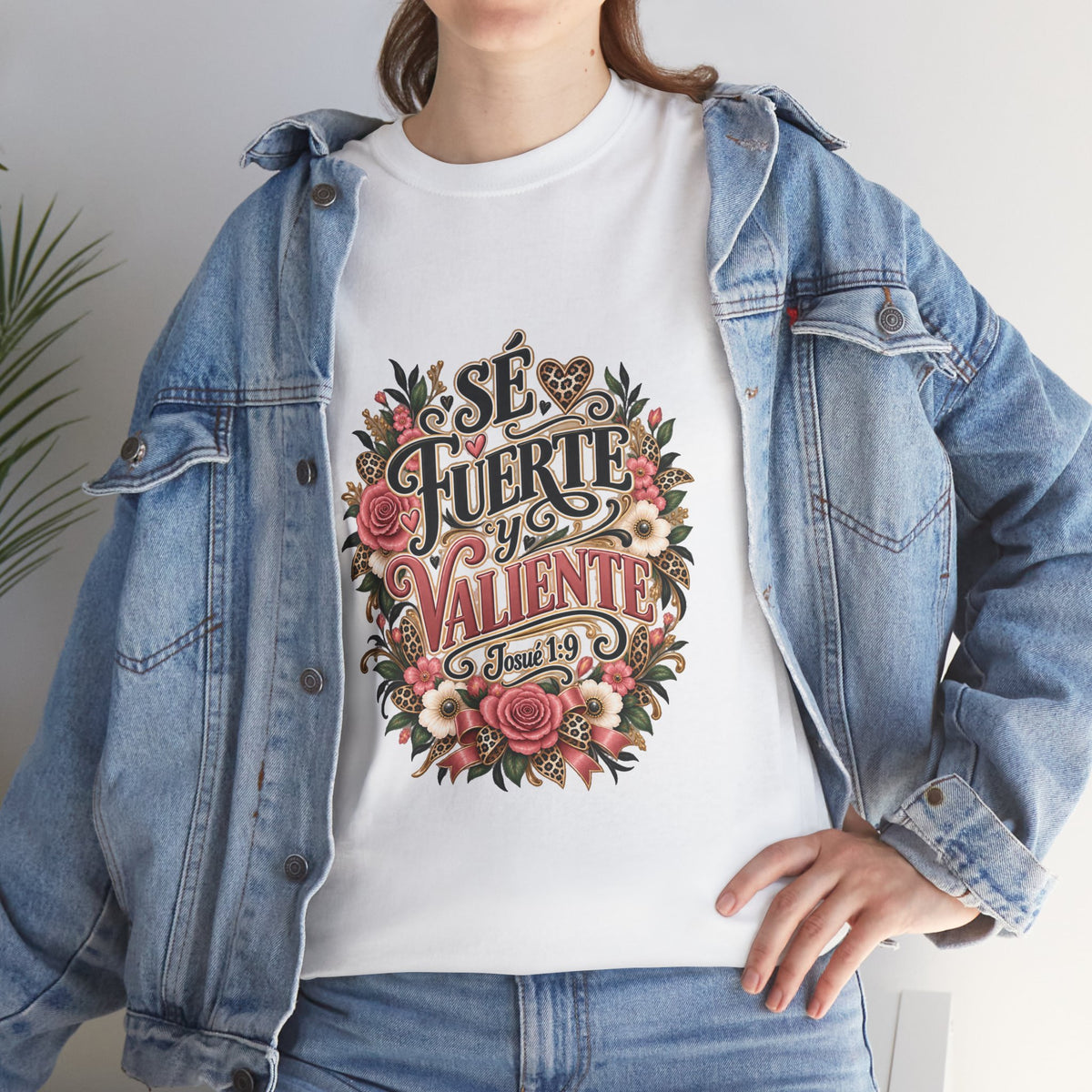 Lifestyle mockup of Sé Fuerte y Valiente Josué 1:9 Christian T-shirt in white