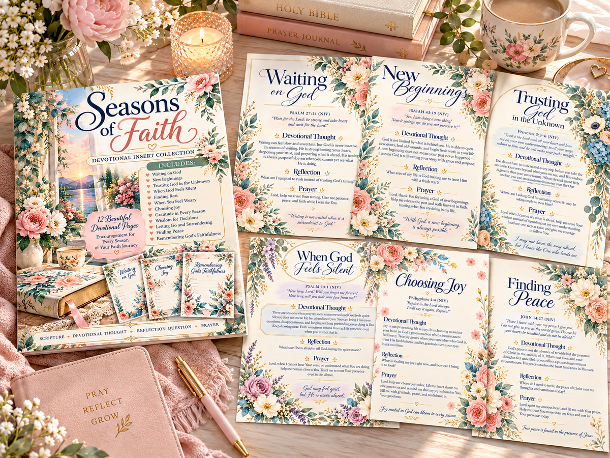 Seasons of Faith English devotional inserts flat lay mockup