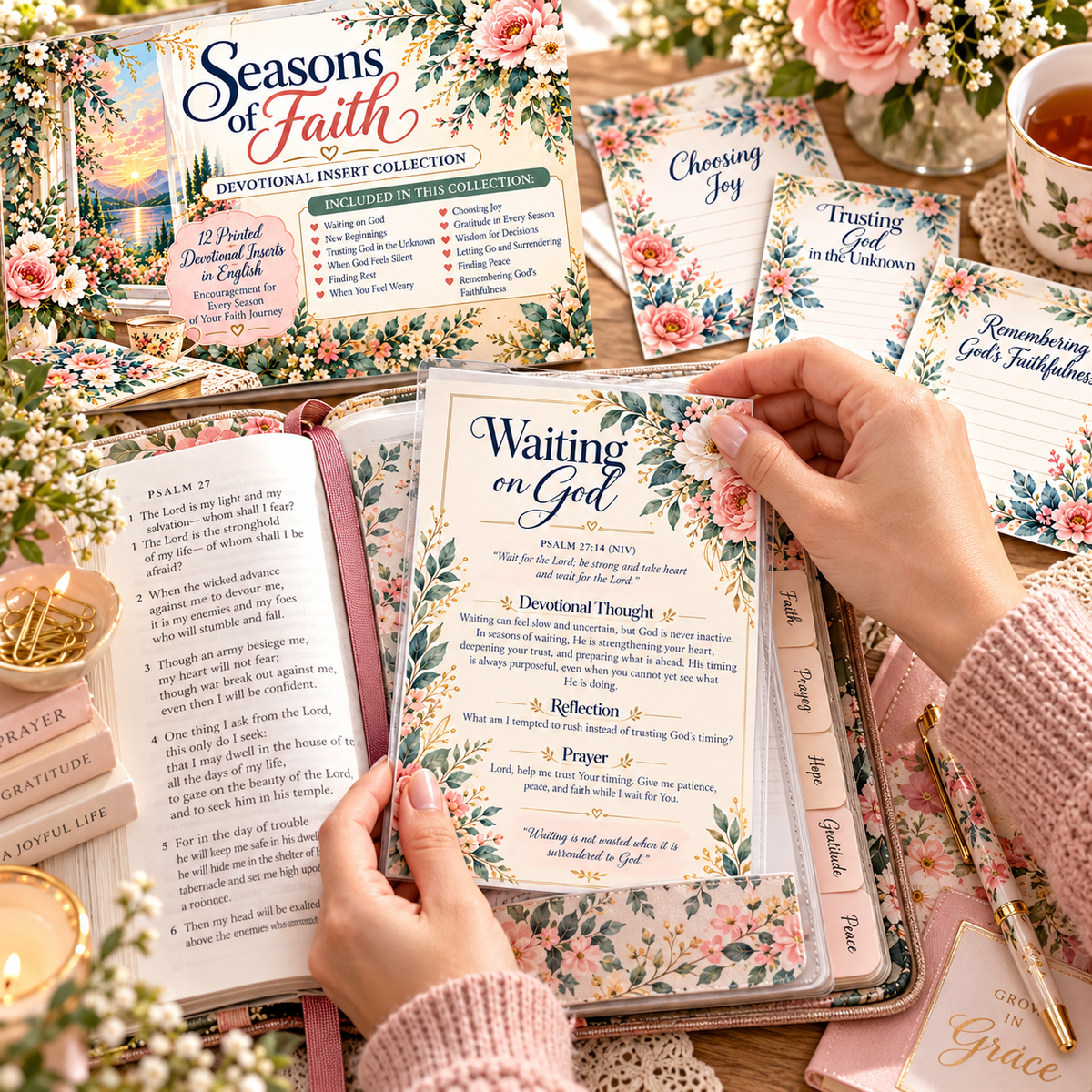 Seasons of Faith devotional insert shown with a loaded Bible
