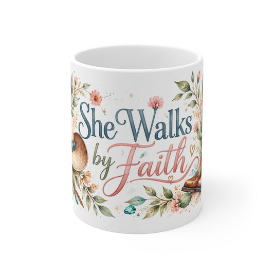 Front view of She Walks by Faith western watercolor ceramic mug