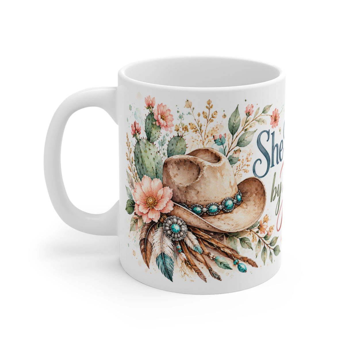 Left side view of She Walks by Faith western watercolor ceramic mug with cowboy hat