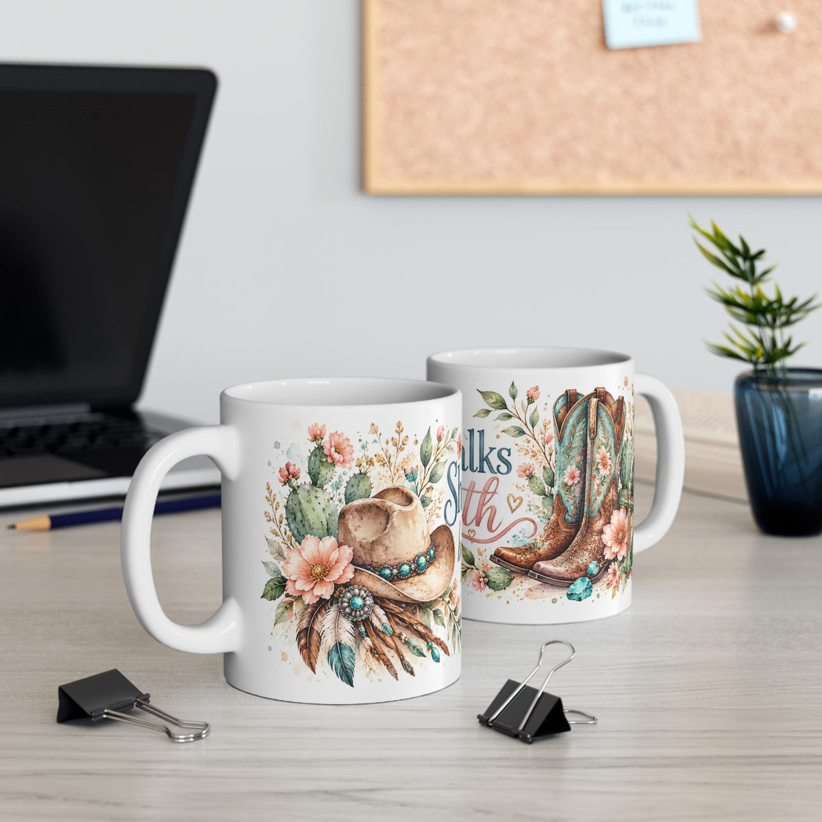 She Walks by Faith western ceramic mug shown from two angles on a desk