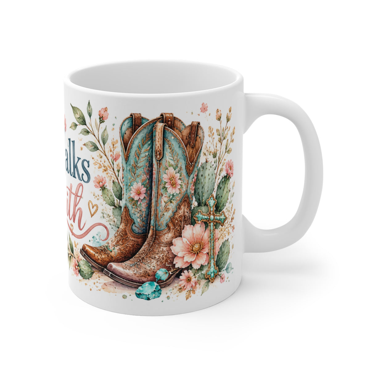 Right side view of She Walks by Faith western watercolor ceramic mug with boots and cross