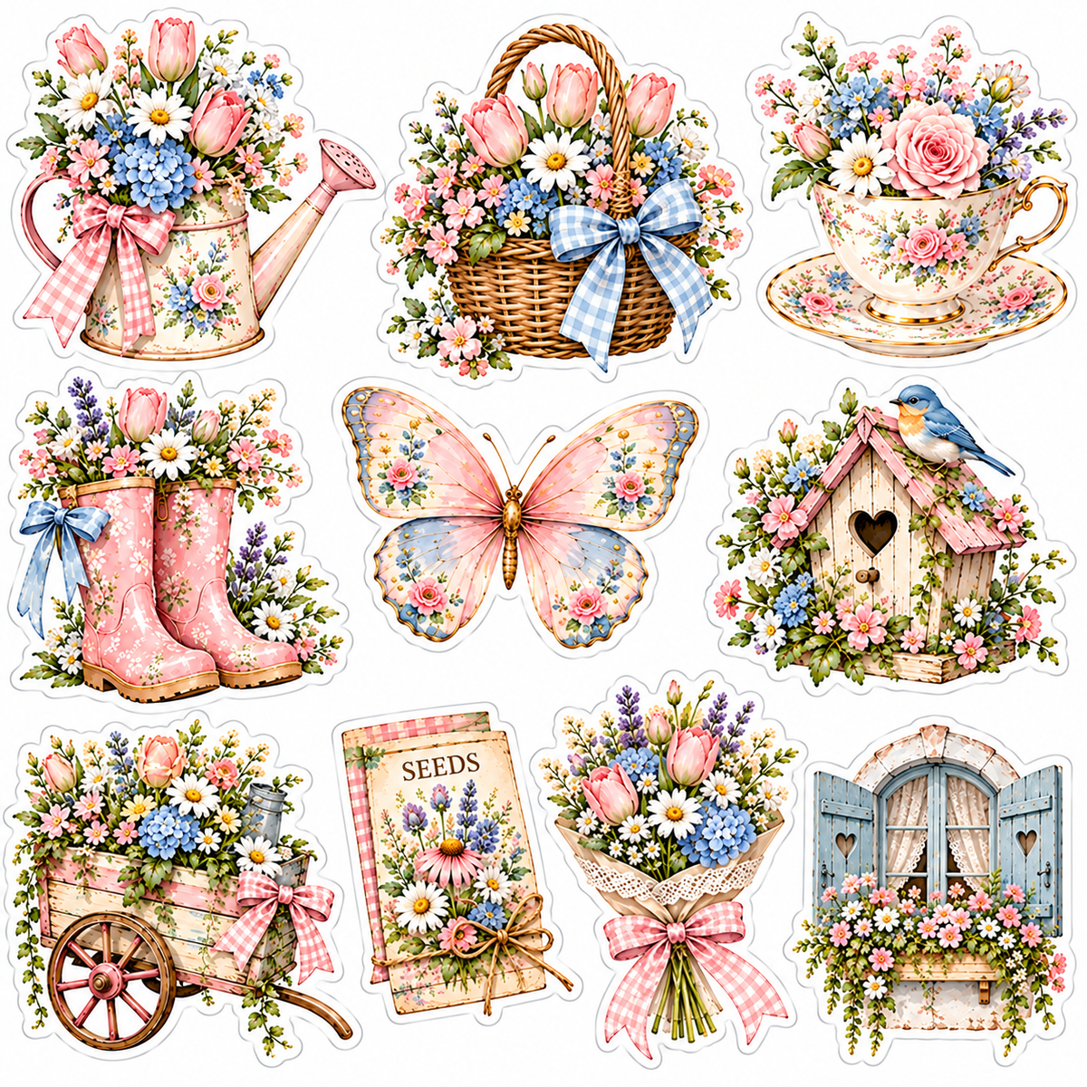 Spring Garden Charm 10 pastel cottage garden watercolor stickers on white with separate die-cut outlines