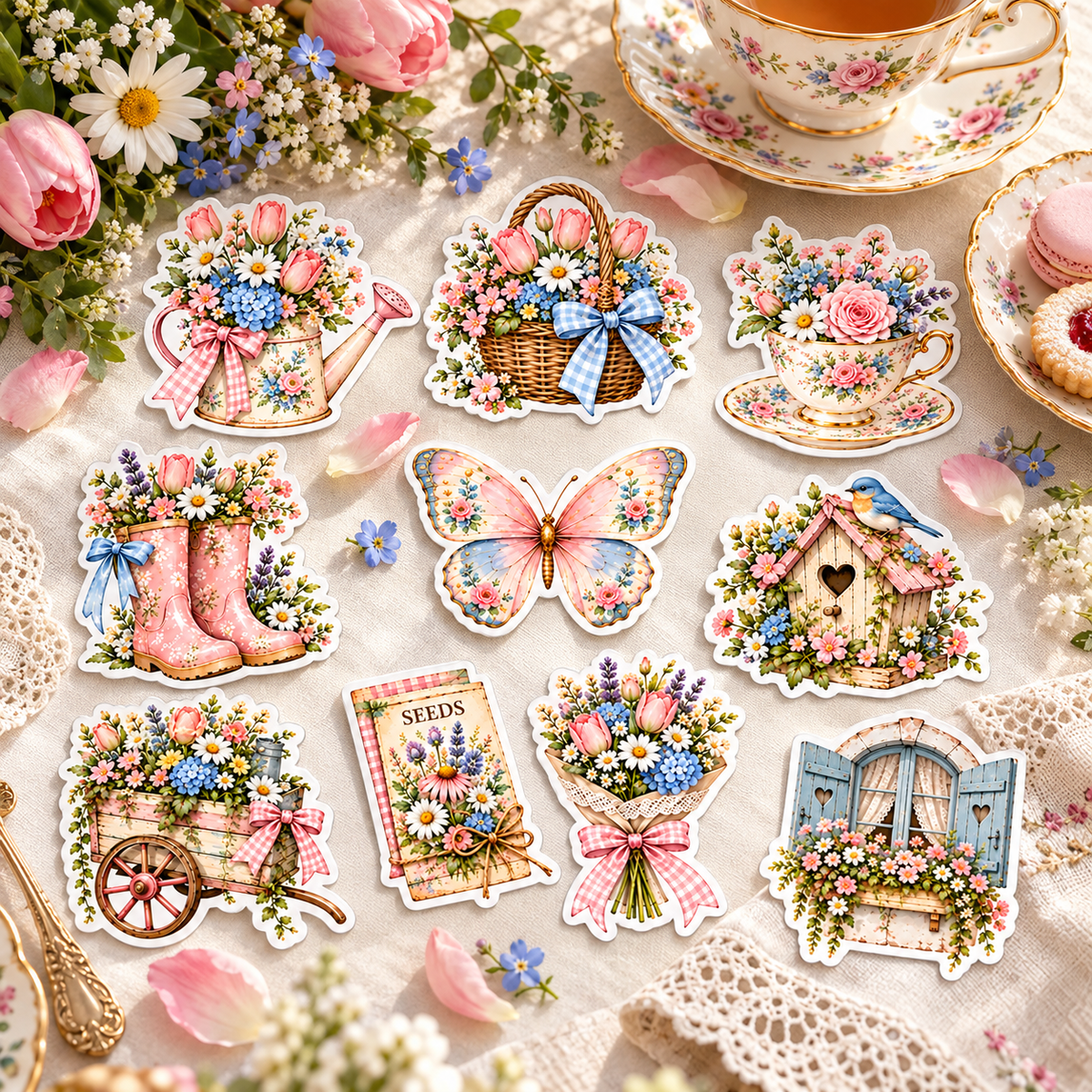 Ten individual Spring Garden Charm stickers displayed on ivory linen beside a floral tea cup and spring flowers