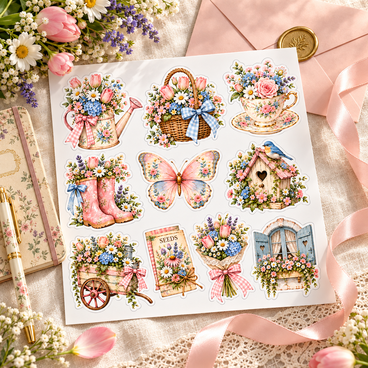 Spring Garden Charm ten-sticker sheet with pink envelope and floral notebook on ivory linen