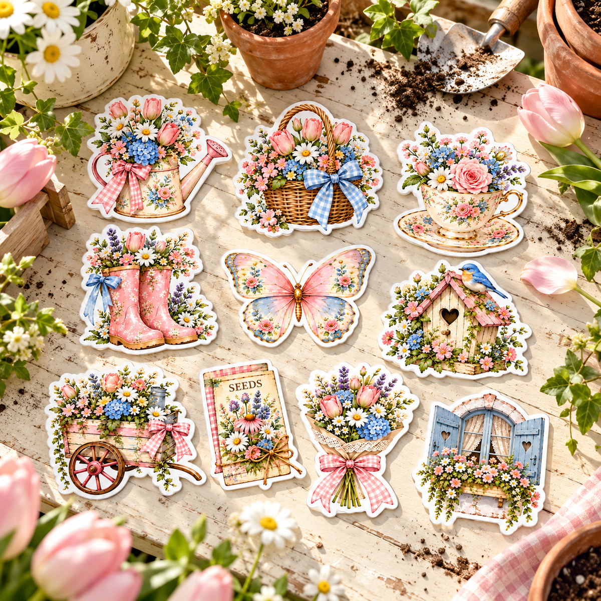 Ten individual Spring Garden Charm watercolor die-cut stickers arranged separately on a sunny garden worktable