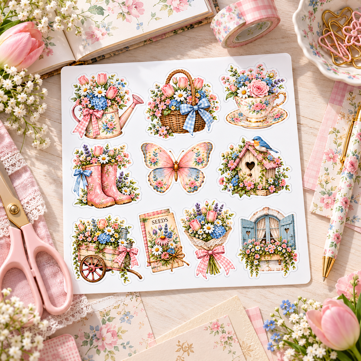 Spring Garden Charm complete watercolor sticker sheet on pastel spring crafting desk beside journaling tools