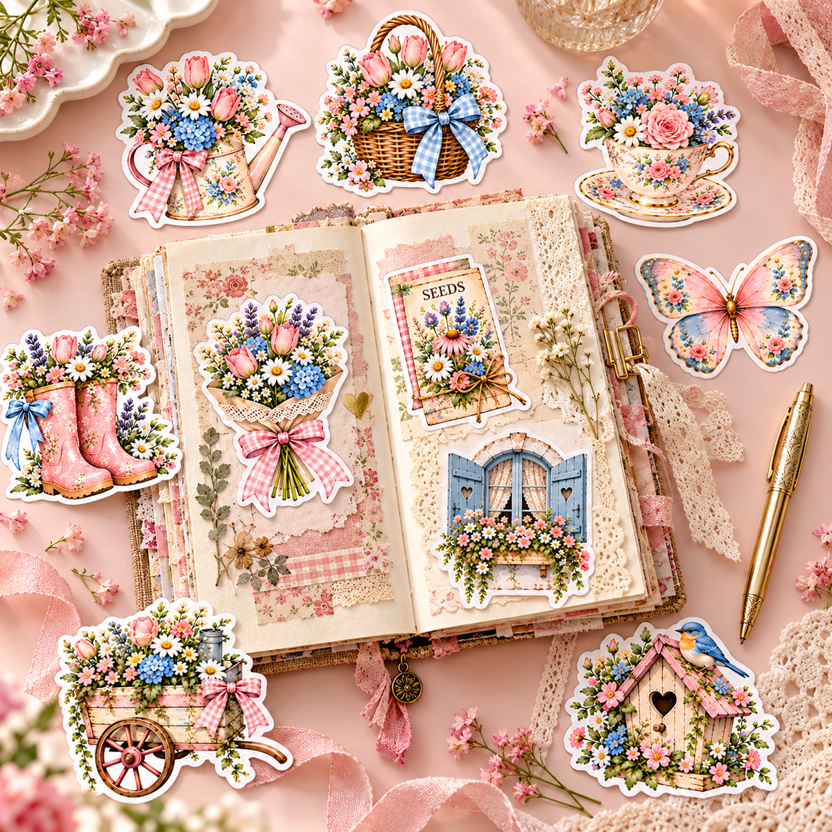 Spring Garden Charm flower stickers applied to a vintage handmade scrapbook with other stickers scattered around