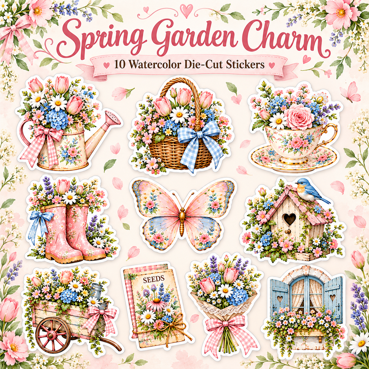 Spring Garden Charm 10 Watercolor Die-Cut Stickers square collection cover with floral watering can, basket, teacup, boots, butterfly, birdhouse, cart, seeds, bouquet and cottage window
