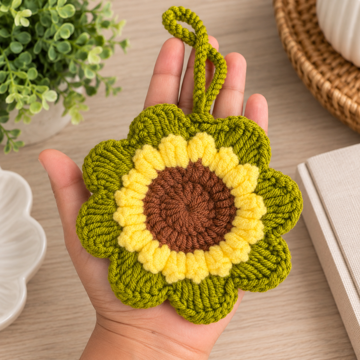 Sunflower Crochet Wristlet Pouch shown in hand for size reference