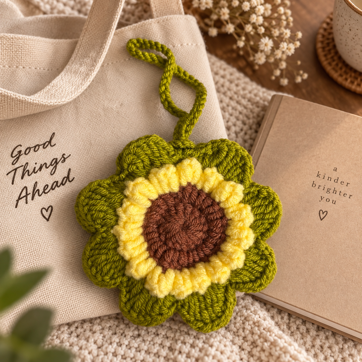Sunflower Crochet Wristlet Pouch styled beside a neutral tote and journal