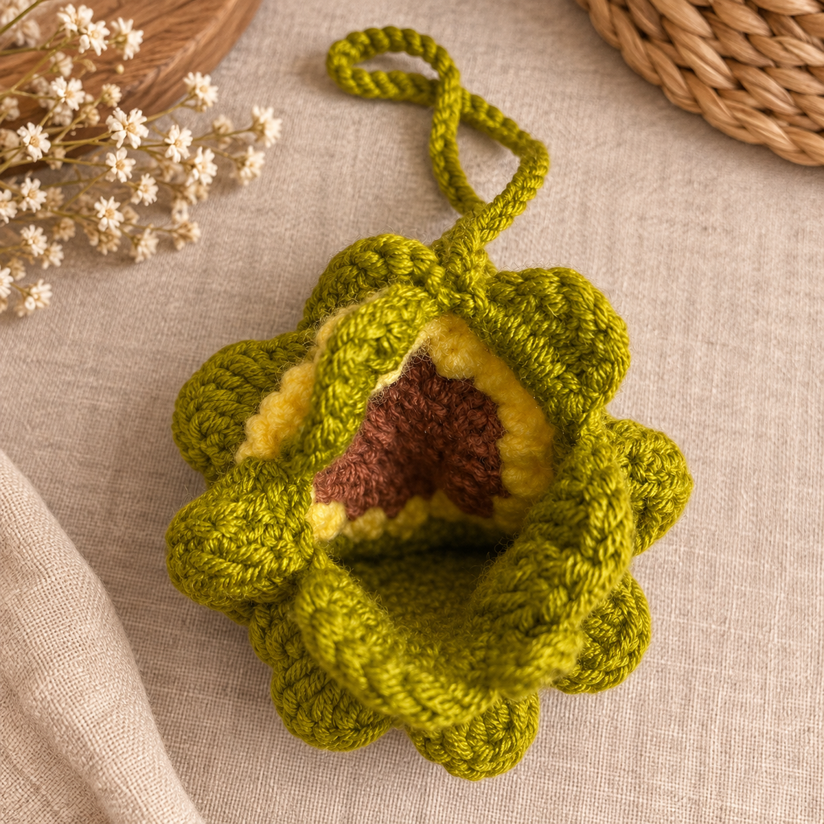 Sunflower Crochet Wristlet Pouch open interior view