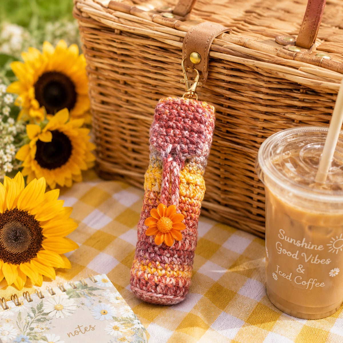 Sunny Daisy handmade crochet lip gloss holder keychain lifestyle mockup