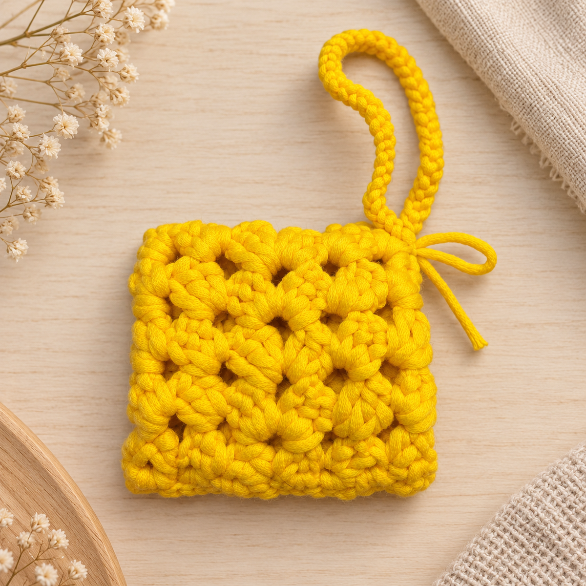 Sunshine yellow crochet wristlet pouch back view