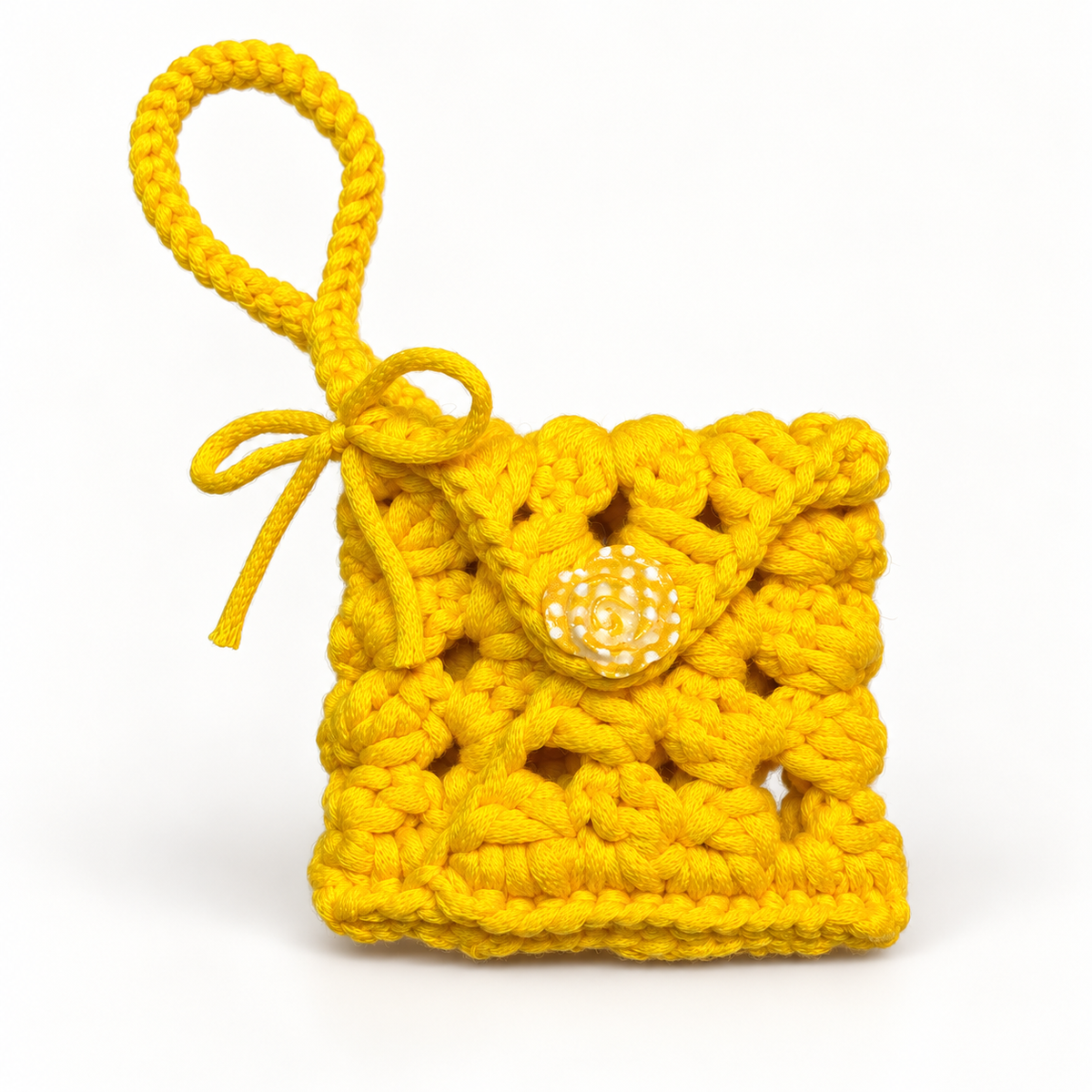 Sunshine yellow crochet wristlet pouch front view
