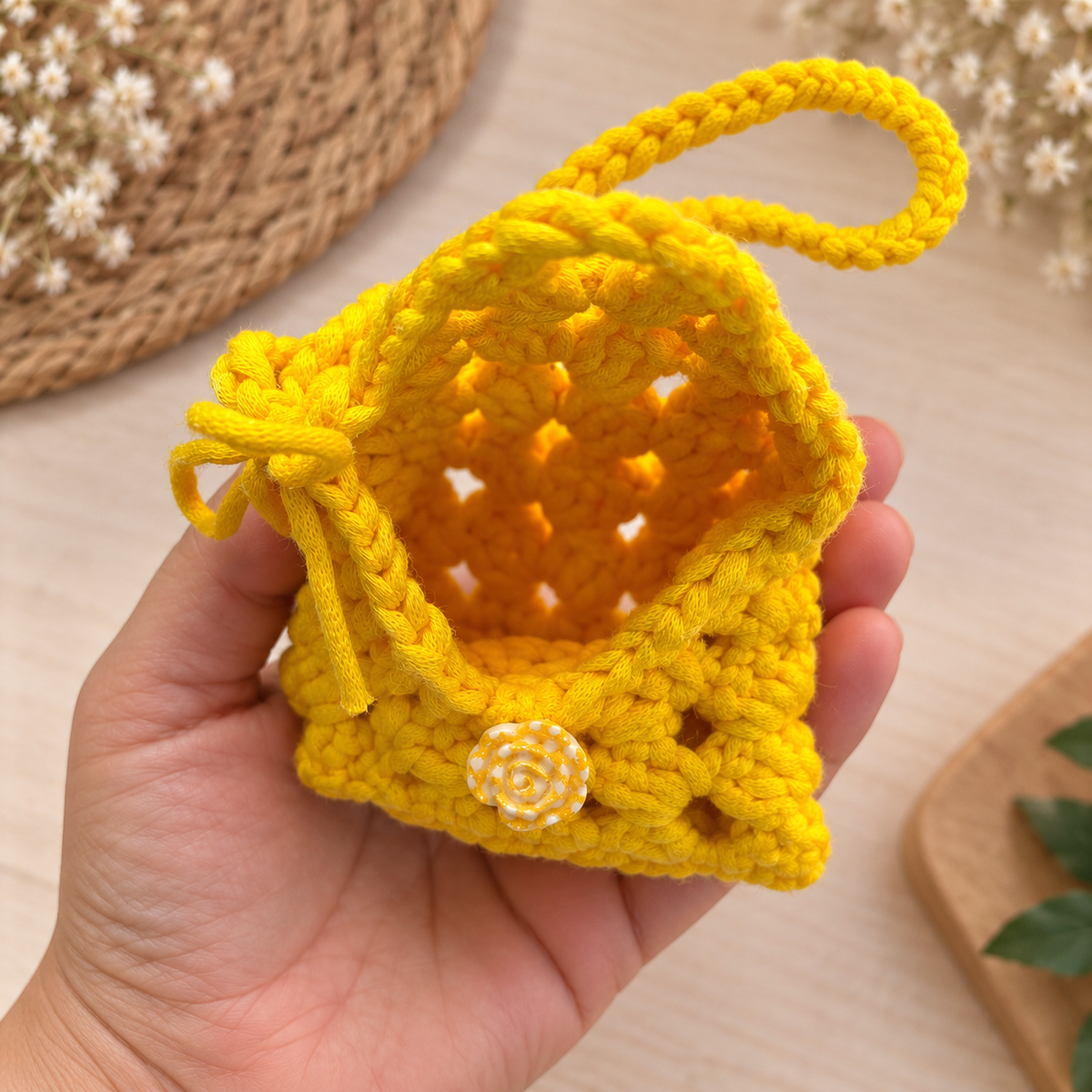 Sunshine yellow crochet wristlet pouch shown in hand for size