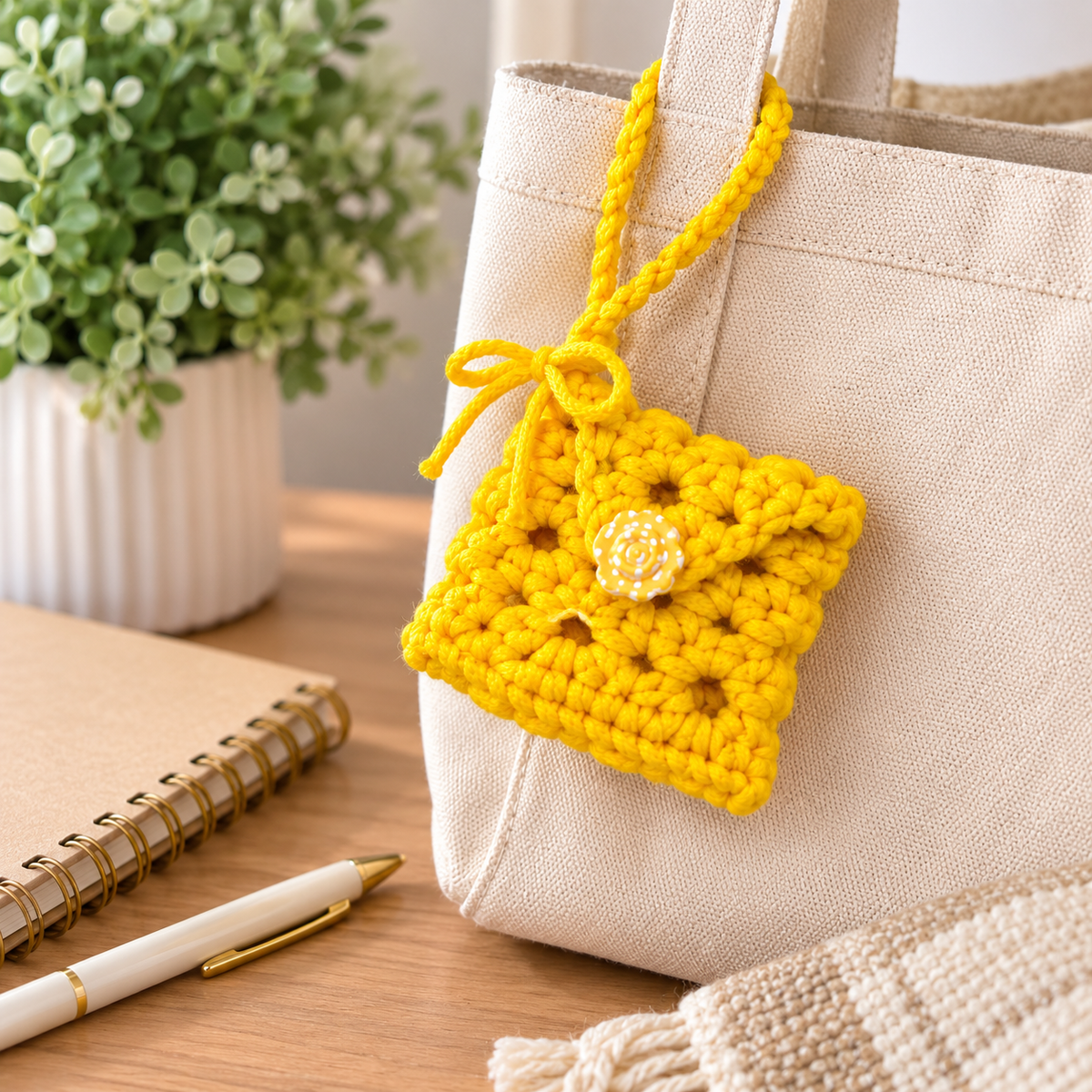 Sunshine yellow crochet wristlet pouch lifestyle scene