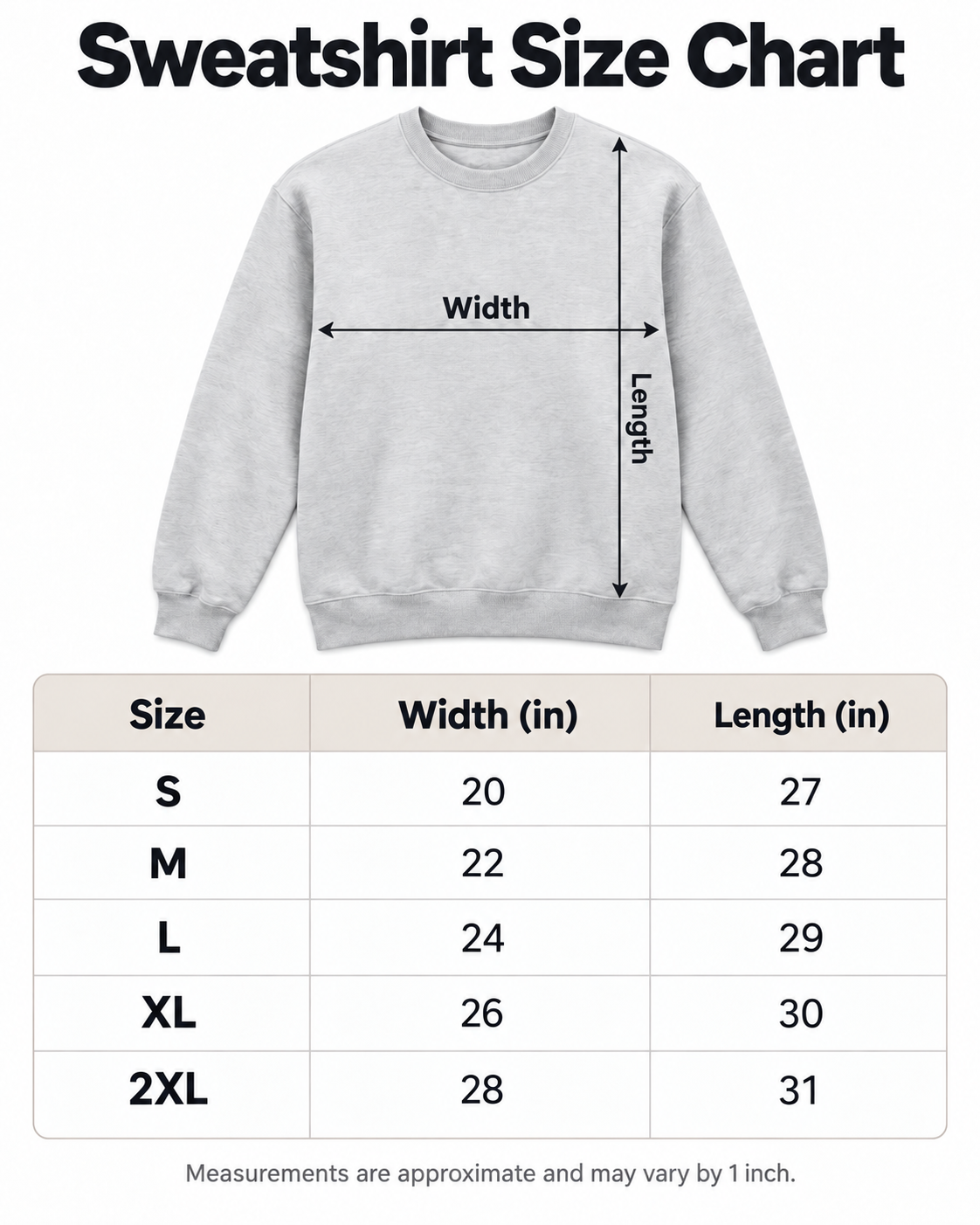 Sweatshirt size chart with width and length measurements, sizes S through 2XL
