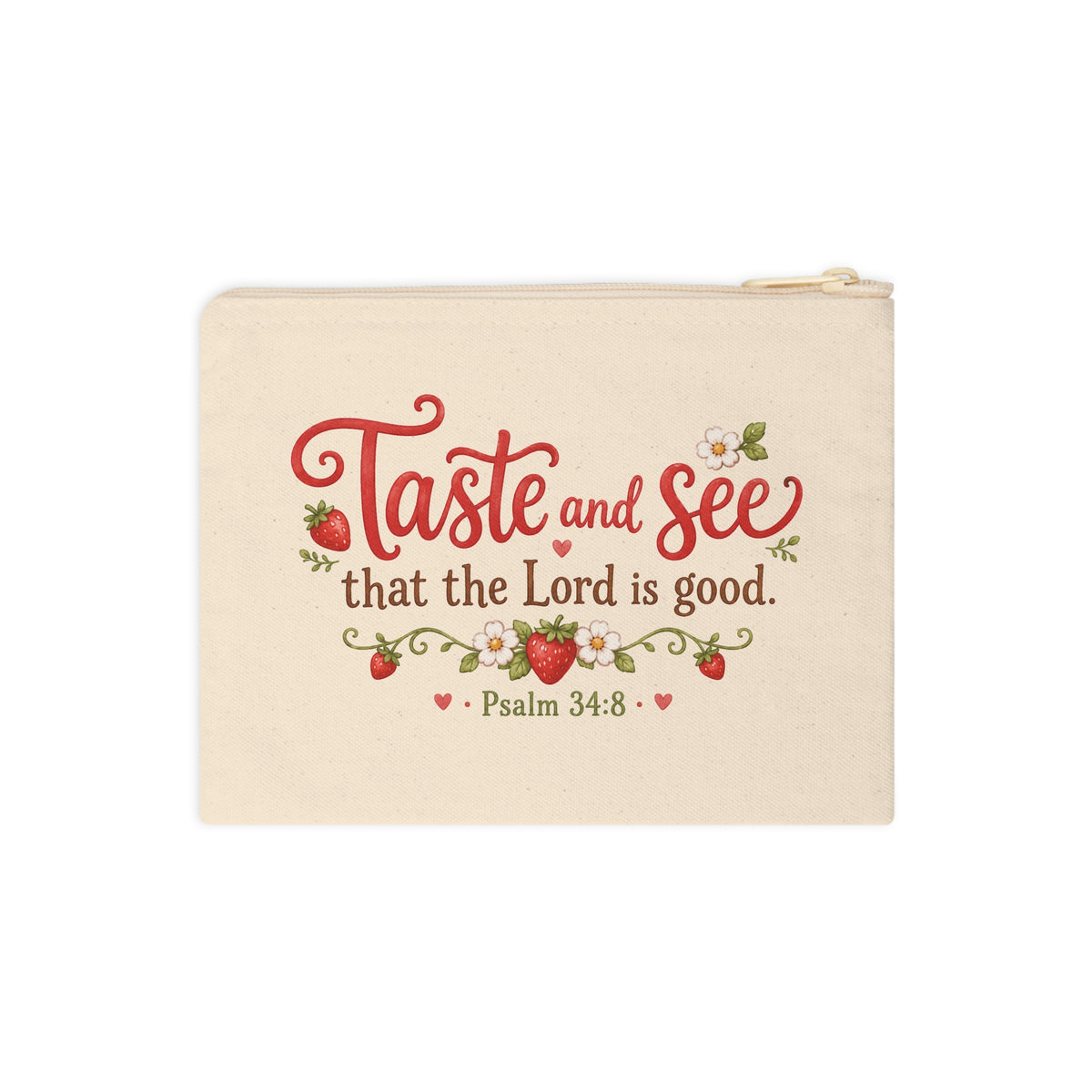 Front detail of Taste and See Psalm 34:8 canvas pouch with strawberries and flowers