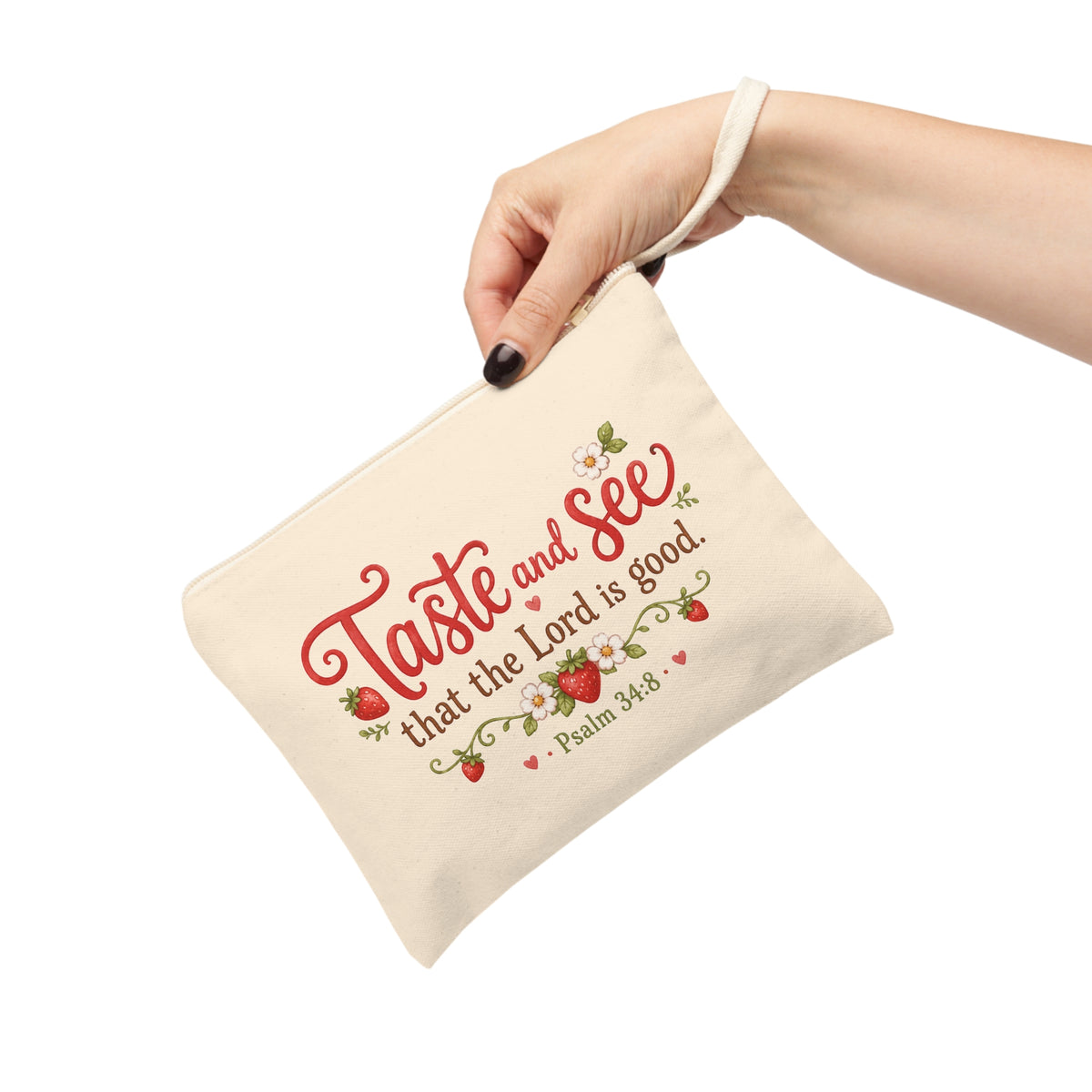 Taste and See Psalm 34:8 Christian wristlet pouch held by hand