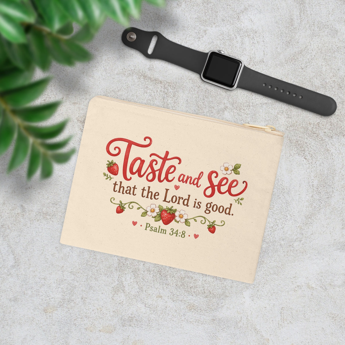 Taste and See Psalm 34:8 Christian canvas pouch with strawberry floral design