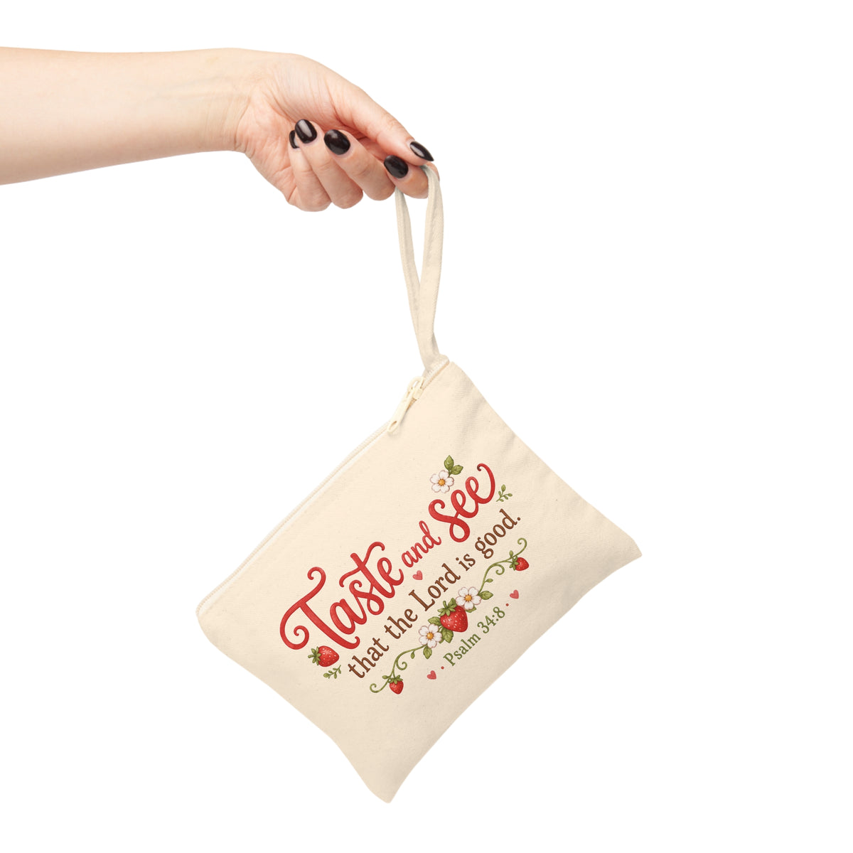 Taste and See Psalm 34:8 Christian canvas wristlet pouch hanging from hand