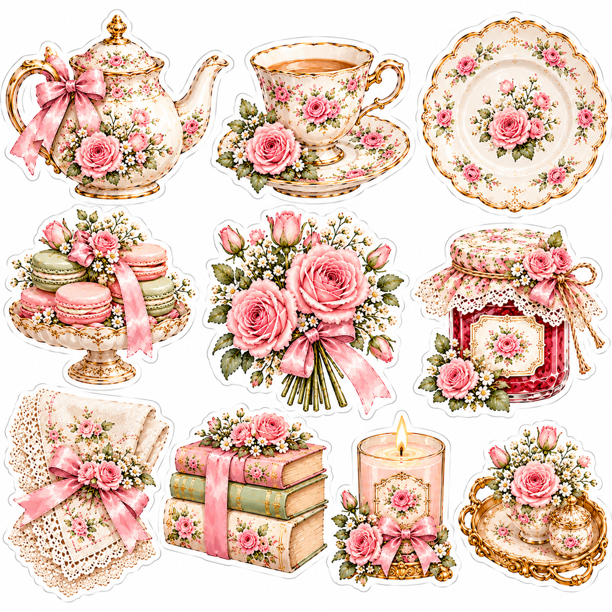Ten original Tea Time & Blossoms watercolor stickers with white cut borders separated against white background