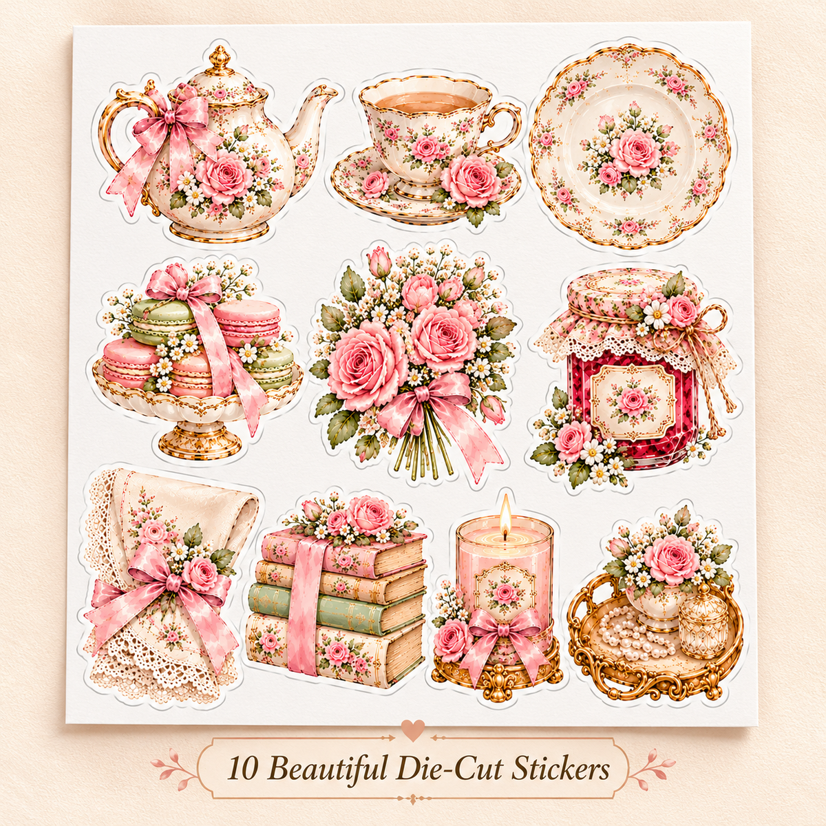 Tea Time & Blossoms full collection of ten pre-cut sticker designs displayed on white for viewing