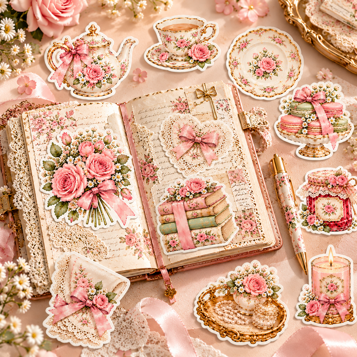 Tea Time & Blossoms stickers styled on and around an open lace-trimmed handmade junk journal