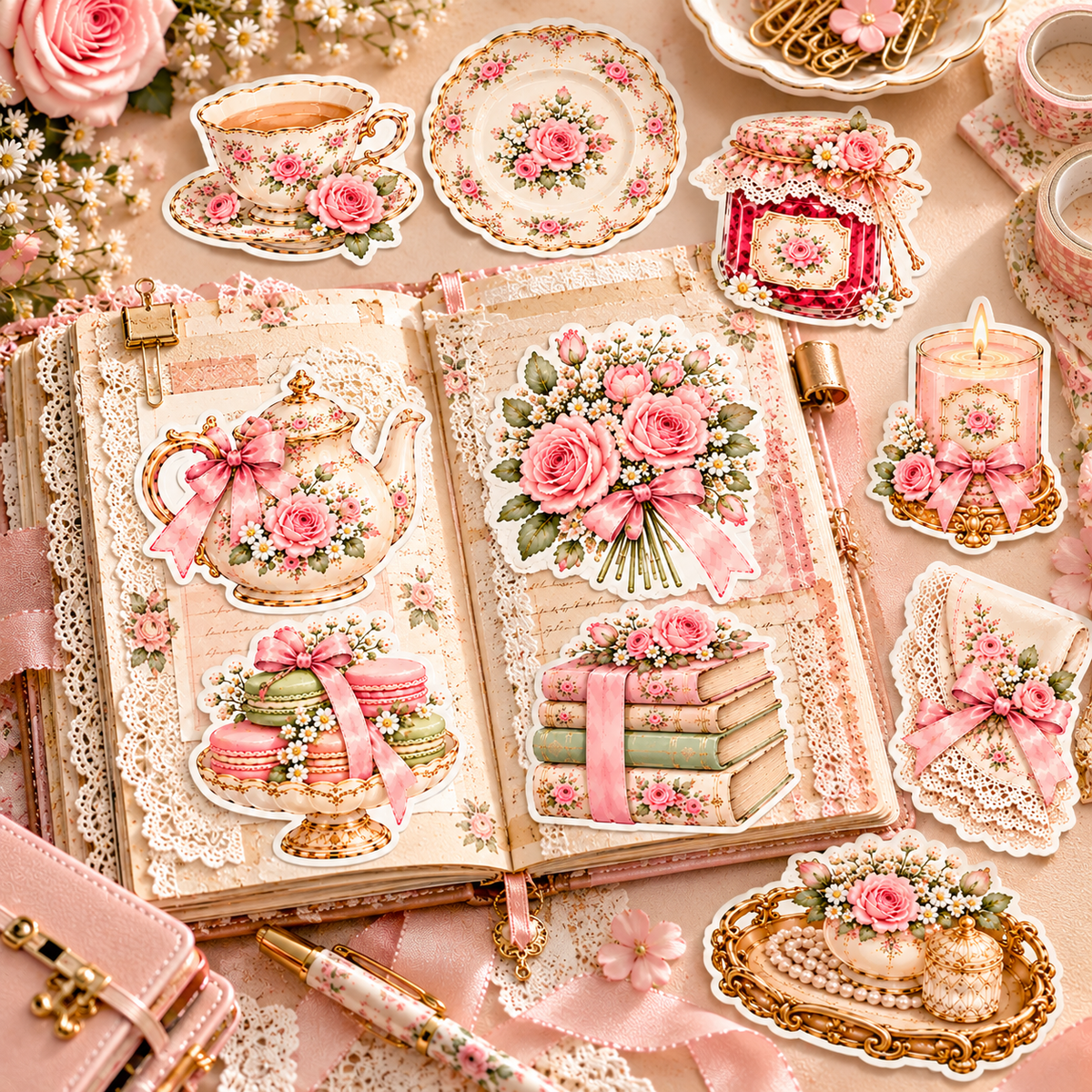 Tea Time & Blossoms stickers decorating a vintage floral journal and arranged around the pages