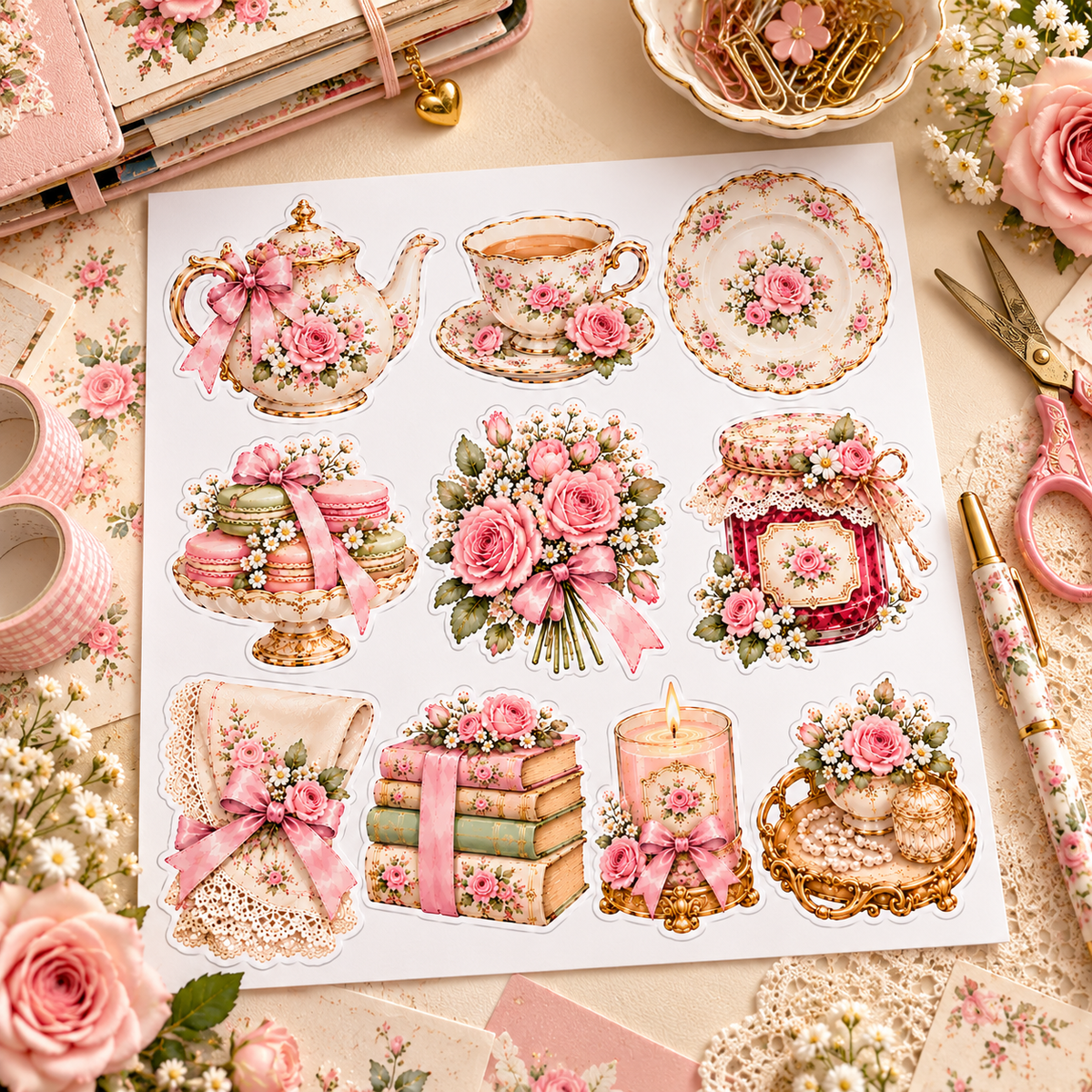 Tea Time & Blossoms watercolor sticker set on a romantic pink and cream papercrafting desk