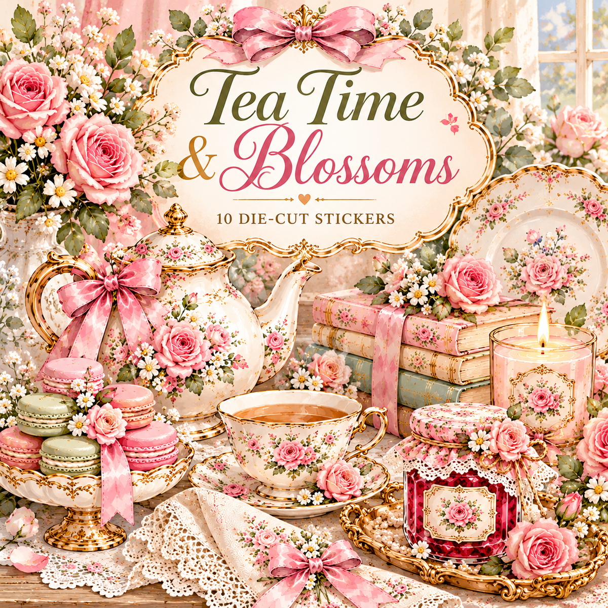 Tea Time & Blossoms 10 Watercolor Die-Cut Stickers square cover with rose teapot, macarons, floral cup and lace